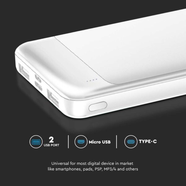 Power Bank με Fast Charging 10000mAh Λευκό V-TAC με 2 USB – 7834