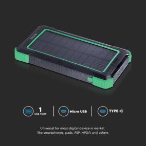 Ηλιακό Power Bank 10000mAh και 2 Θύρες Type-C/Micro USB  Μαύρο V-TAC – 7835