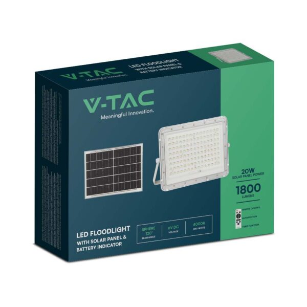 LED Ηλιακός Προβολέας 20W με Τηλεχειριστήριο V-TAC Λευκός IP65 1800lm Ψυχρό Λευκό 6400K – 7845