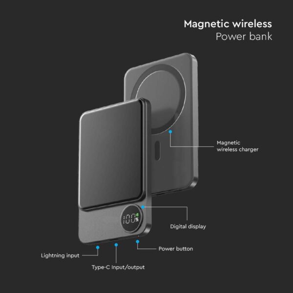 Μαγνητικό Power Bank με Ασύρματη Φόρτιση 10000mAh Σκούρο Γκρι V-TAC – 7849