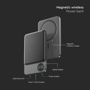 Μαγνητικό Power Bank με Ασύρματη Φόρτιση 5000mAh V-TAC Σκούρο Γκρι – 7850