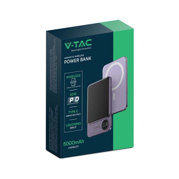 Μαγνητικό Power Bank με Ασύρματη Φόρτιση 5000mAh V-TAC Μωβ – 7851