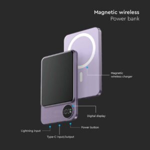 Μαγνητικό Power Bank με Ασύρματη Φόρτιση 5000mAh V-TAC Μωβ – 7851