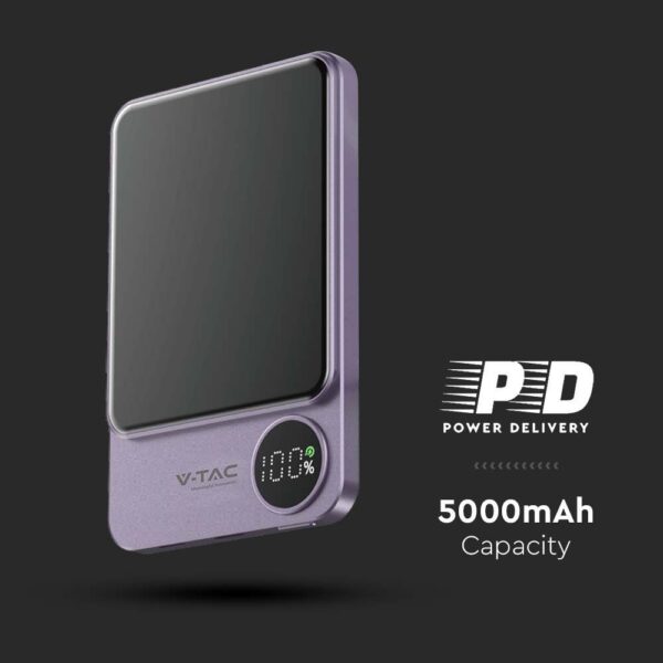 Μαγνητικό Power Bank με Ασύρματη Φόρτιση 5000mAh V-TAC Μωβ – 7851