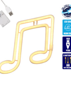 GloboStar® 78568 Φωτιστικό Ταμπέλα Φωτεινή Επιγραφή NEON LED Σήμανσης MUSIC NOTE 5W με Καλώδιο Τροφοδοσίας USB – Μπαταρίας 3xAAA (Δεν Περιλαμβάνονται) – Θερμό Λευκό 2700K