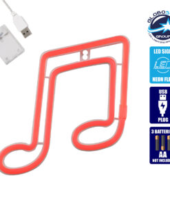 GloboStar® 78569 Φωτιστικό Ταμπέλα Φωτεινή Επιγραφή NEON LED Σήμανσης MUSIC NOTE 5W με Καλώδιο Τροφοδοσίας USB – Μπαταρίας 3xAAA (Δεν Περιλαμβάνονται) – Κόκκινο