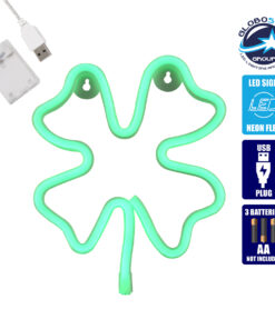 GloboStar® 78572 Φωτιστικό Ταμπέλα Φωτεινή Επιγραφή NEON LED Σήμανσης FOUR LEAF CLOVER 5W με Καλώδιο Τροφοδοσίας USB – Μπαταρίας 3xAAA (Δεν Περιλαμβάνονται) – Πράσινο
