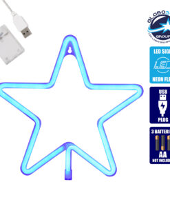 GloboStar® 78583 Φωτιστικό Ταμπέλα Φωτεινή Επιγραφή NEON LED Σήμανσης STAR 5W με Καλώδιο Τροφοδοσίας USB – Μπαταρίας 3xAAA (Δεν Περιλαμβάνονται) – Γαλάζιο