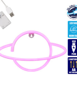 GloboStar® 78588 Φωτιστικό Ταμπέλα Φωτεινή Επιγραφή NEON LED Σήμανσης PLANET SATURN 5W με Καλώδιο Τροφοδοσίας USB – Μπαταρίας 3xAAA (Δεν Περιλαμβάνονται) – Ροζ