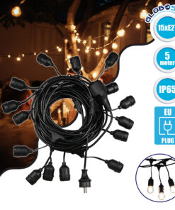 GloboStar® 78982 Καλωδιογιρλάντα PVC 5 Μέτρων με 15 Ντουί E27 με Πρίζα Schuko Επεκτεινόμενη Αδιάβροχη IP65