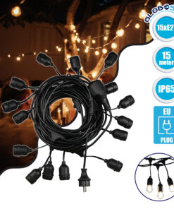 GloboStar® 78984 Καλωδιογιρλάντα PVC 15 Μέτρων με 15 Ντουί E27 με Πρίζα Schuko Επεκτεινόμενη Αδιάβροχη IP65