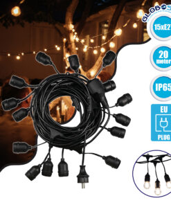 GloboStar® 78985 Καλωδιογιρλάντα PVC 20 Μέτρων με 15 Ντουί E27 με Πρίζα Schuko Επεκτεινόμενη Αδιάβροχη IP65