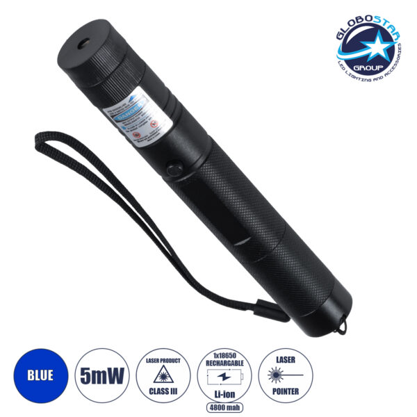 GloboStar® 78998 Φορητό Επαναφορτιζόμενο Laser Pointer 5Mw Class 3 DOT Zoom με Extra Κεφαλή για Dot Effects με Μπαταρία 18650 Li-ion 4800mAh & Φορτιστή - Μπλε 450nm Φ2.2 x Υ15cm