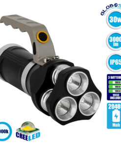 GloboStar® 79025 EXTREME Φορητός Επαναφορτιζόμενος Φακός LED CREE XHP50 30W 3000lm με 3 Modes & 3 x Μπαταρίες 18650 20400mAh Li-ion και με Φόρτιστή Αυτοκινήτου & Πρίζας Αδιάβροχος IP65 Ψυχρό Λευκό 6000K
