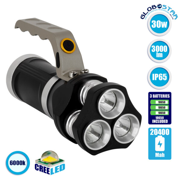 GloboStar® 79025 EXTREME Φορητός Επαναφορτιζόμενος Φακός LED CREE XHP50 30W 3000lm με 3 Modes & 3 x Μπαταρίες 18650 20400mAh Li-ion και με Φόρτιστή Αυτοκινήτου & Πρίζας Αδιάβροχος IP65 Ψυχρό Λευκό 6000K