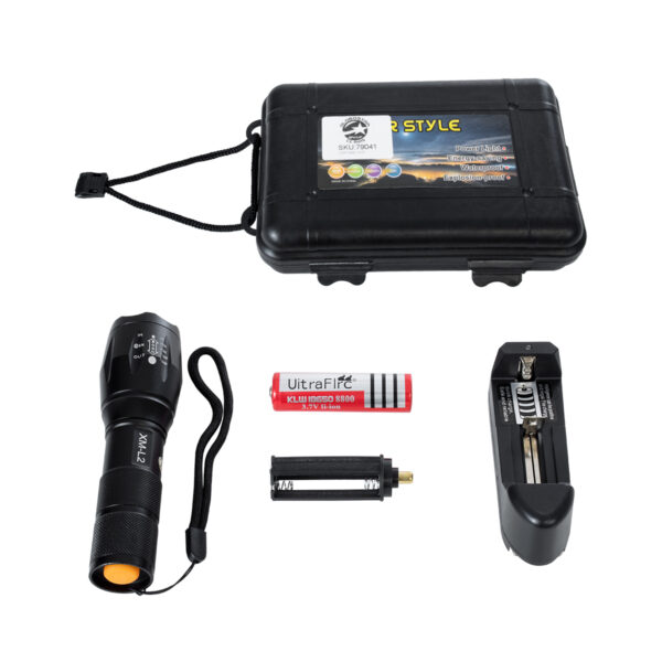 GloboStar® 79041 Φορητός Φακός Χειρός XM-L2 LED CREE 10W με Επαναφορτιζόμενη Μπαταρία 3000mAh & Φορτιστή Πρίζας – Zoom x1 έως x2000 – Ψυχρό Λευκό 6000K – Φ4 x Υ13.5cm