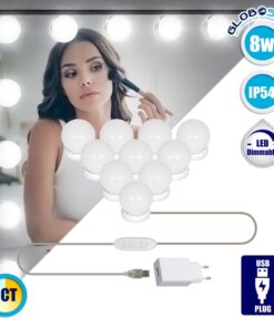 Σετ 10 Λάμπες Φωτισμού για Καθρέφτη Μακιγιάζ LED 8W GloboStar Ρυθμιζόμενο Λευκό με Τροφοδοσία USB-79047GS