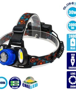 GloboStar® 79056 Επαναφορτιζόμενος Φακός Κεφαλής LED 1 x CREE XHP50 20W & 2 x CREE COB 10W 3000lm με 3 Modes & 2 x Μπαταρίες 18650 2400mAh Li-ion Αδιάβροχος IP54 Ψυχρό Λευκό 6000K