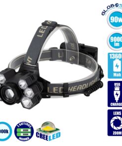 GloboStar® 79061 Φακός Κεφαλής Επαναφορτιζόμενος Zoom LED CREE XML2-T6 Chip 90 Watt 9000lm με 2 x 18650 Μπαταρίες 13600mAh Ψυχρό Λευκό 6000K