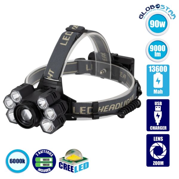 GloboStar® 79061 Φακός Κεφαλής Επαναφορτιζόμενος Zoom LED CREE XML2-T6 Chip 90 Watt 9000lm με 2 x 18650 Μπαταρίες 13600mAh Ψυχρό Λευκό 6000K