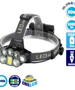 GloboStar® 79062 Φακός Κεφαλής Επαναφορτιζόμενος LED CREE XML2-T6 Chip 60 Watt 6000lm με 2 x 18650 Μπαταρίες 13600mAh Ψυχρό Λευκό 6000K