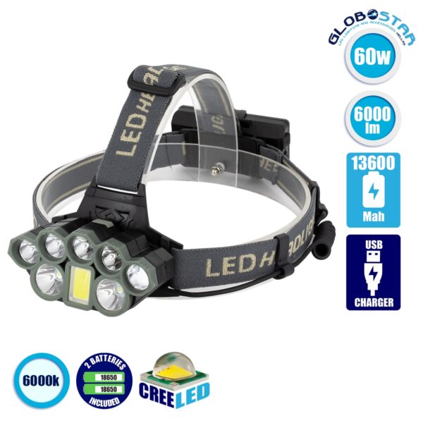 GloboStar® 79062 Φακός Κεφαλής Επαναφορτιζόμενος LED CREE XML2-T6 Chip 60 Watt 6000lm με 2 x 18650 Μπαταρίες 13600mAh Ψυχρό Λευκό 6000K