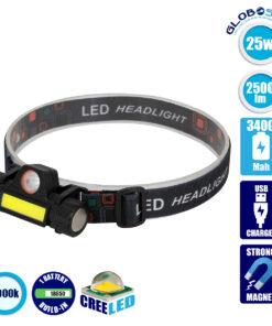 GloboStar® 79064 Φακός Κεφαλής & Ποδηλάτου Επαναφορτιζόμενος LED CREE COB XML2-T6 Chip 25 Watt 2500lm με 1 x 18650 Μπαταρία 3400mAh και με Καλώδιο Φόρτισης USB Ψυχρό Λευκό 6000K