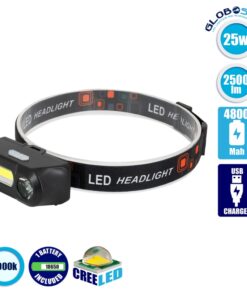 GloboStar® 79066 Φακός Κεφαλής Επαναφορτιζόμενος LED CREE COB XML2-T6 Chip 25 Watt 2500lm με 1 x 18650 Μπαταρία 4800mAh και με Καλώδιο Φόρτισης USB Ψυχρό Λευκό 6000K