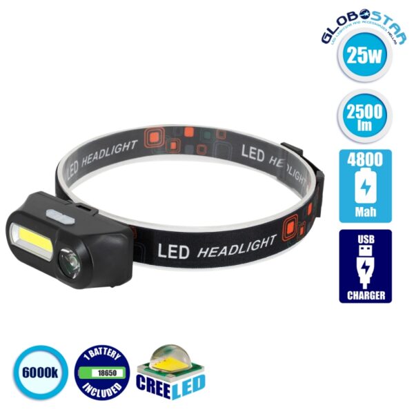 GloboStar® 79066 Φακός Κεφαλής Επαναφορτιζόμενος LED CREE COB XML2-T6 Chip 25 Watt 2500lm με 1 x 18650 Μπαταρία 4800mAh και με Καλώδιο Φόρτισης USB Ψυχρό Λευκό 6000K