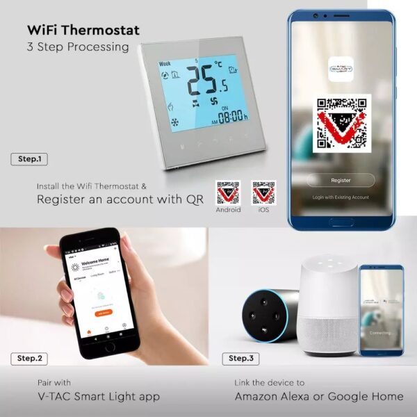 Θερμοστάτης αφής Wi-Fi Smart Home V-TAC Συμβατός με Amazon Alexa & Google Home – 7908