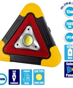 GloboStar® 79080 Φορητό Επαναφορτιζόμενο Τρίγωνο Ασφαλείας – Προβολέας Εργασίας LED COB 15W 1500lm με Ενσωματωμένη Μπαταρία 1200mAh & Φωτοβολταϊκό Πάνελ – 5 Light Modes & Power Bank με Καλώδιο Φόρτισης USB Αδιάβροχο IP54 Ψυχρό Λευκό 6000K