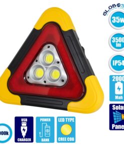 GloboStar® 79081 Φορητό Επαναφορτιζόμενο Τρίγωνο Ασφαλείας – Προβολέας Εργασίας LED COB 35W 3500lm με Ενσωματωμένη Μπαταρία 2000mAh & Φωτοβολταϊκό Πάνελ – 5 Light Modes & Power Bank με Καλώδιο Φόρτισης USB Αδιάβροχο IP54 Ψυχρό Λευκό 6000K