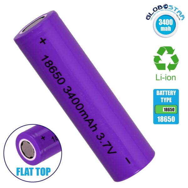 GloboStar® 79097 Επαναφορτιζόμενη Μπαταρία Λιθίου 18650 FLAT PIN 3400mAh Li-ion 3.7V 12.6Wh με Overcharge / Discharge Προστασία