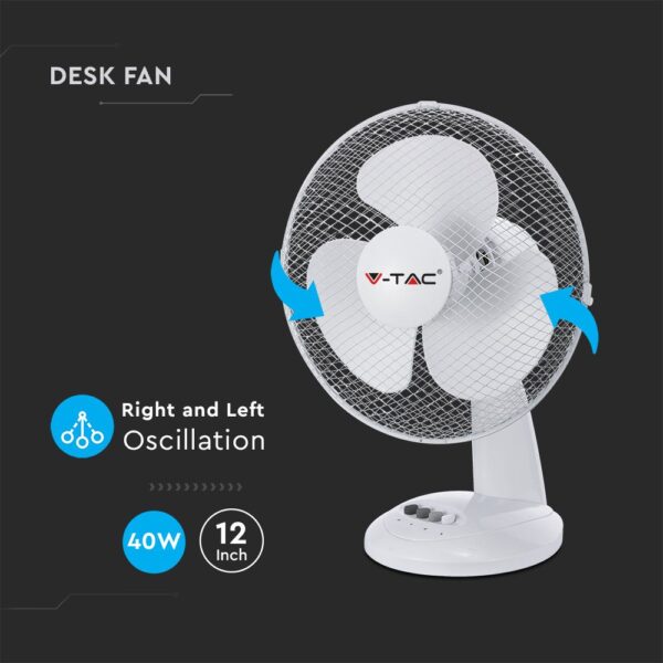 Επιτραπέζιος ανεμιστήρας 40W 12 ιντσών με 4 κουμπιά και 3 πτερύγια λευκό σώμα V-TAC – 7924