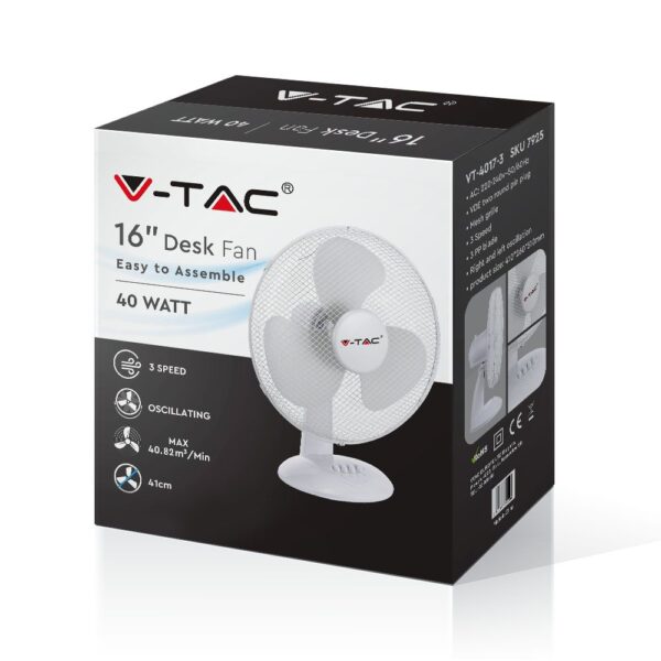 Επιτραπέζιος ανεμιστήρας 40W 16 ιντσών με 4 κουμπιά και 3 πτερύγια λευκό σώμα V-TAC – 7925