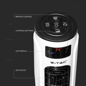 Wi-Fi Επιδαπέδιος Ανεμιστήρας Πύργος 46 Inch Λευκό – Μαύρο 55W με Οθόνη LED Συμβατός Με Amazon Alexa & Google Home V-TAC – 7927