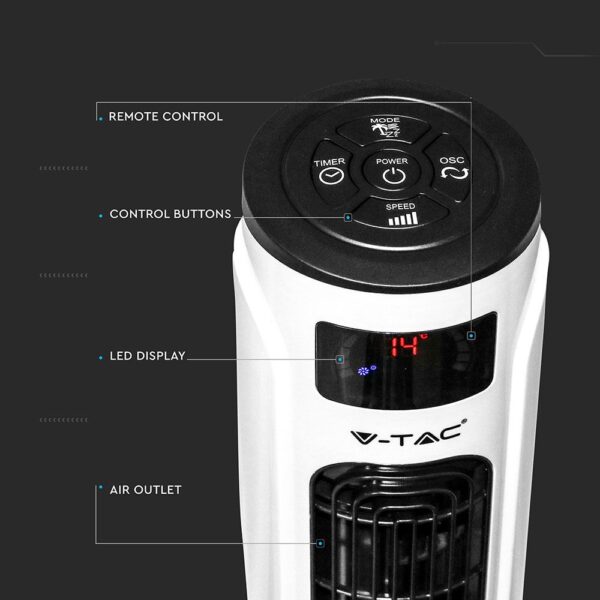 Wi-Fi Επιδαπέδιος Ανεμιστήρας Πύργος 46 Inch Λευκό – Μαύρο 55W με Οθόνη LED Συμβατός Με Amazon Alexa & Google Home V-TAC – 7927