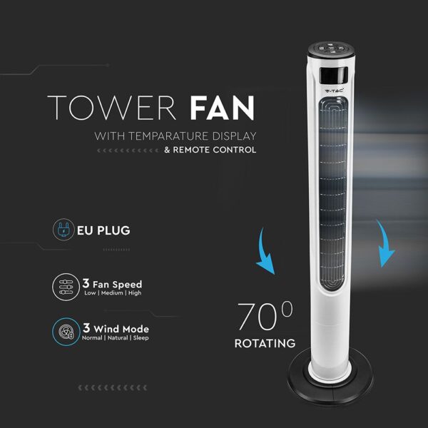 Wi-Fi Επιδαπέδιος Ανεμιστήρας Πύργος 46 Inch Λευκό – Μαύρο 55W με Οθόνη LED Συμβατός Με Amazon Alexa & Google Home V-TAC – 7927