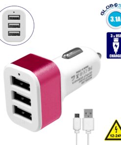 Globostar® 79504 Ροζ Φορτιστής Αυτοκινήτου DC 12-24V με 3 Εξόδους USB DC 5V Max 3.1A 20W και Καλώδιο USB σε Type-C