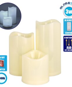 GloboStar® 79551 ΣΕΤ 3 Διακοσμητικών Realistic Κεριών με LED Εφέ Κινούμενης Φλόγας – Μπαταρίας & Ασύρματο Χειριστήριο IR Ψυχρό Λευκό 6000K Dimmable
