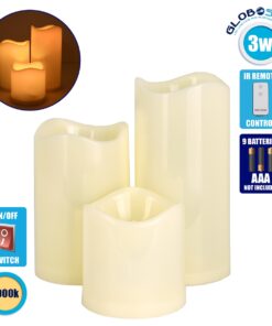 GloboStar® 79552 ΣΕΤ 3 Διακοσμητικών Realistic Κεριών με LED Εφέ Κινούμενης Φλόγας – Μπαταρίας & Ασύρματο Χειριστήριο IR Θερμό Λευκό 3000K Dimmable