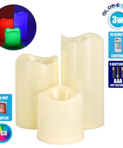 GloboStar® 79553 ΣΕΤ 3 Διακοσμητικών Realistic Κεριών με LED Εφέ Κινούμενης Φλόγας – Μπαταρίας & Ασύρματο Χειριστήριο IR Πολύχρωμα RGB Dimmable