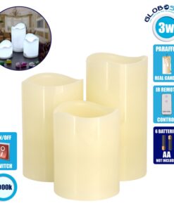 GloboStar® 79554 ΣΕΤ 3 Διακοσμητικών Realistic Κεριών Παραφίνης με LED Εφέ Κινούμενης Φλόγας – Μπαταρίας & Ασύρματο Χειριστήριο IR Ψυχρό Λευκό 6000K Dimmable