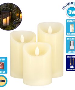GloboStar® 79555 ΣΕΤ 3 Διακοσμητικών Realistic Κεριών Παραφίνης με LED Εφέ Κινούμενης Φλόγας – Μπαταρίας & Ασύρματο Χειριστήριο IR Θερμό Λευκό 3000K Dimmable