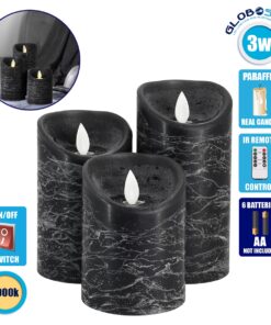 GloboStar® 79557 ΣΕΤ 3 Διακοσμητικών Realistic Κεριών Παραφίνης με LED Εφέ Κινούμενης Φλόγας – Μπαταρίας & Ασύρματο Χειριστήριο IR Μαύρα με Ασημένιες Ρίγες Θερμό Λευκό 3000K Dimmable