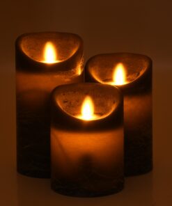 GloboStar® 79557 ΣΕΤ 3 Διακοσμητικών Realistic Κεριών Παραφίνης με LED Εφέ Κινούμενης Φλόγας – Μπαταρίας & Ασύρματο Χειριστήριο IR Μαύρα με Ασημένιες Ρίγες Θερμό Λευκό 3000K Dimmable