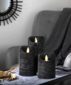 GloboStar® 79557 ΣΕΤ 3 Διακοσμητικών Realistic Κεριών Παραφίνης με LED Εφέ Κινούμενης Φλόγας – Μπαταρίας & Ασύρματο Χειριστήριο IR Μαύρα με Ασημένιες Ρίγες Θερμό Λευκό 3000K Dimmable