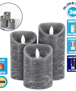 GloboStar® 79559 ΣΕΤ 3 Διακοσμητικών Realistic Κεριών Παραφίνης με LED Εφέ Κινούμενης Φλόγας – Μπαταρίας & Ασύρματο Χειριστήριο IR Γκρι με Ασημένιες Ρίγες Θερμό Λευκό 3000K Dimmable