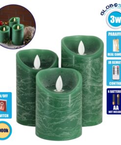 GloboStar® 79560 ΣΕΤ 3 Διακοσμητικών Realistic Κεριών Παραφίνης με LED Εφέ Κινούμενης Φλόγας – Μπαταρίας & Ασύρματο Χειριστήριο IR Πράσινα με Ασημένιες Ρίγες Θερμό Λευκό 3000K Dimmable