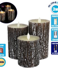 GloboStar® 79562 ΣΕΤ 3 Διακοσμητικών Realistic Κεριών Παραφίνης με LED Εφέ Κινούμενης Φλόγας – Μπαταρίας & Ασύρματο Χειριστήριο IR Καφέ Σχέδιο Κορμός Δέντρου Θερμό Λευκό 3000K Dimmable